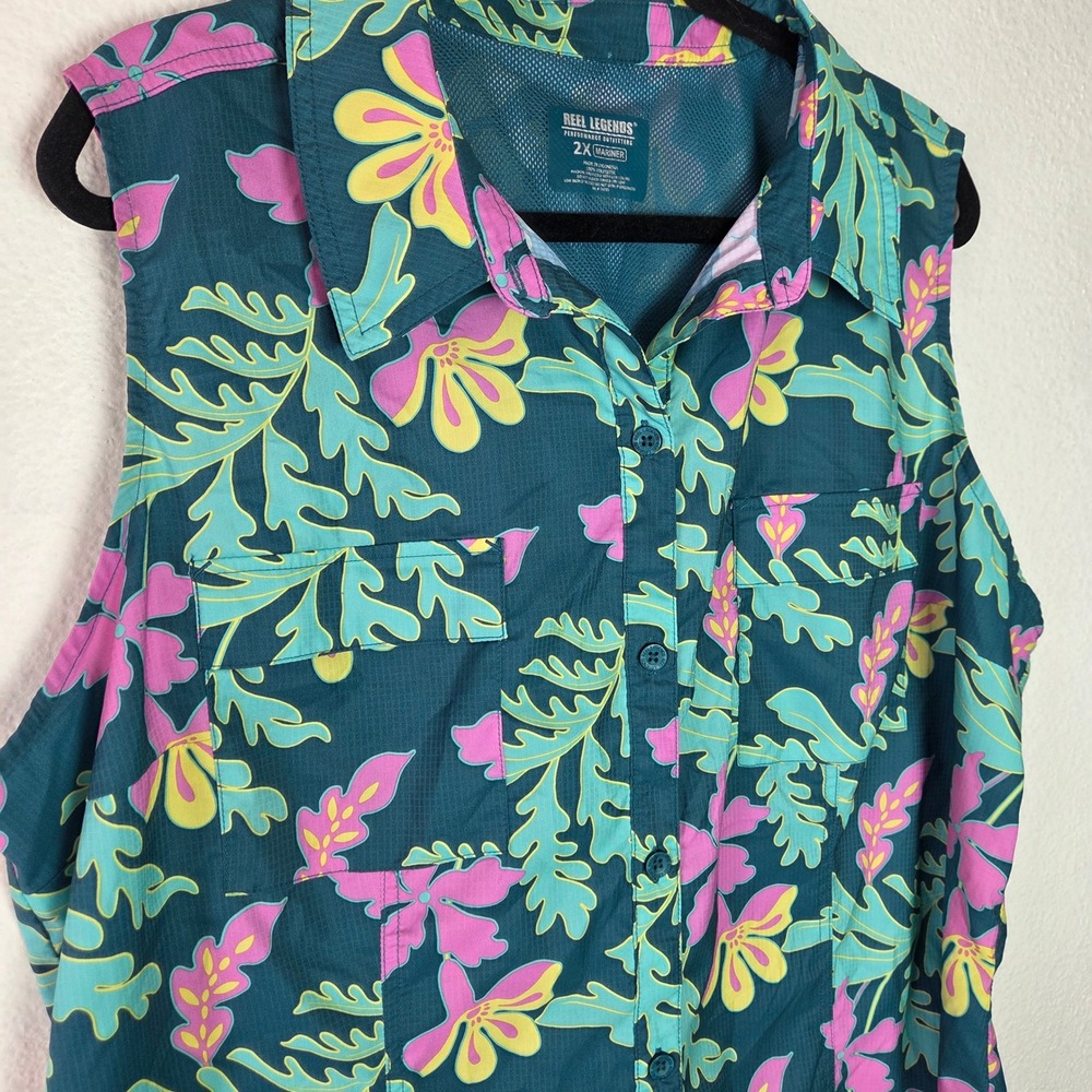 Reel Legends Sleeveless Fishing Shirt Tropical Floral‎ Vented Mesh Back 2X - Picture 4 of 9